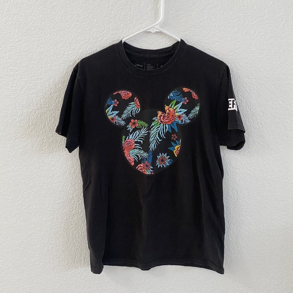 Disney Neff Mens Mickey Mouse‎ T Shirt Size M Black Floral Short Sleeve Crewneck